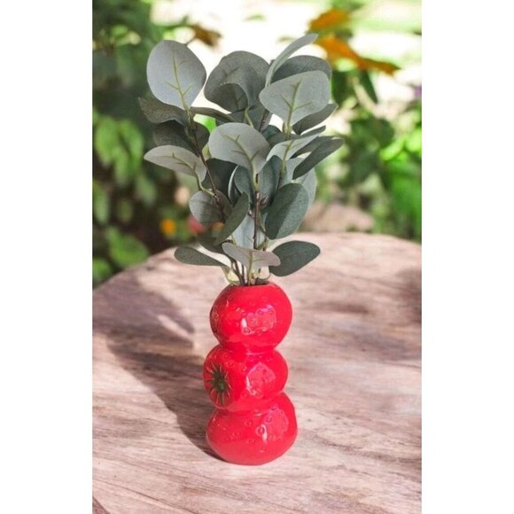 New Red Strawberries Summer Stacked Vase W/ Artifi / Fake Plant Room Home Decor - Picture 1 of 2
